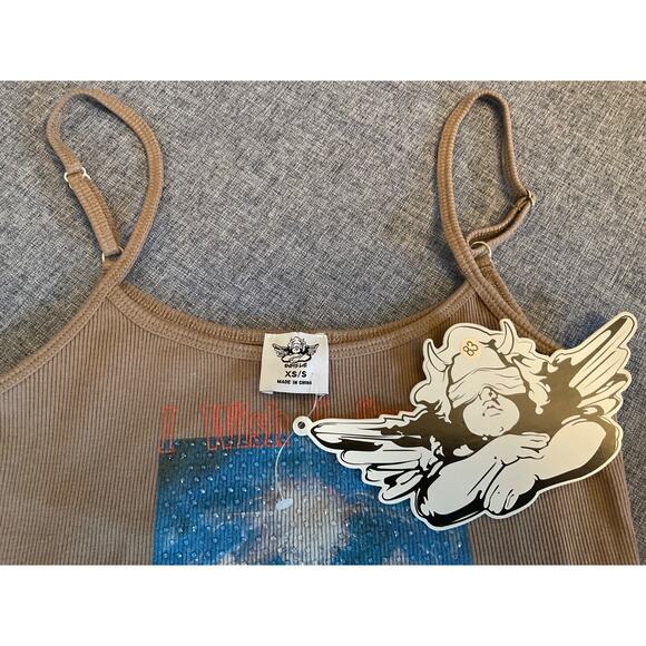 BOYS LIE FROM REVOLVE "FIX YOUR PAIN" RHINESTONE TANK LIGHT BROWN XS/S $65 MSRP - Picture 5 of 7